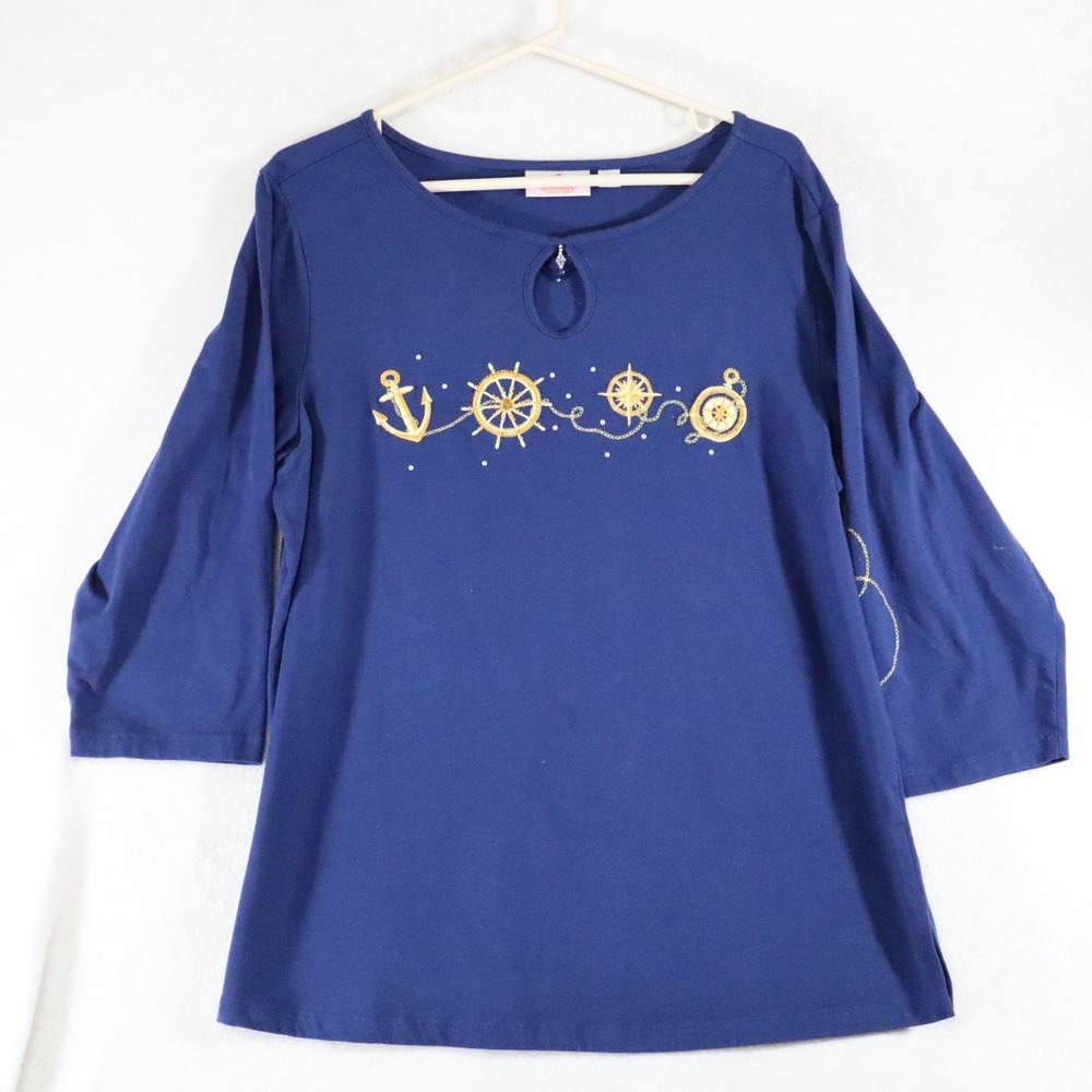 Quacker Factory Women's Large Navy Nautical Embroidered Top Anchor Compass 3/4
